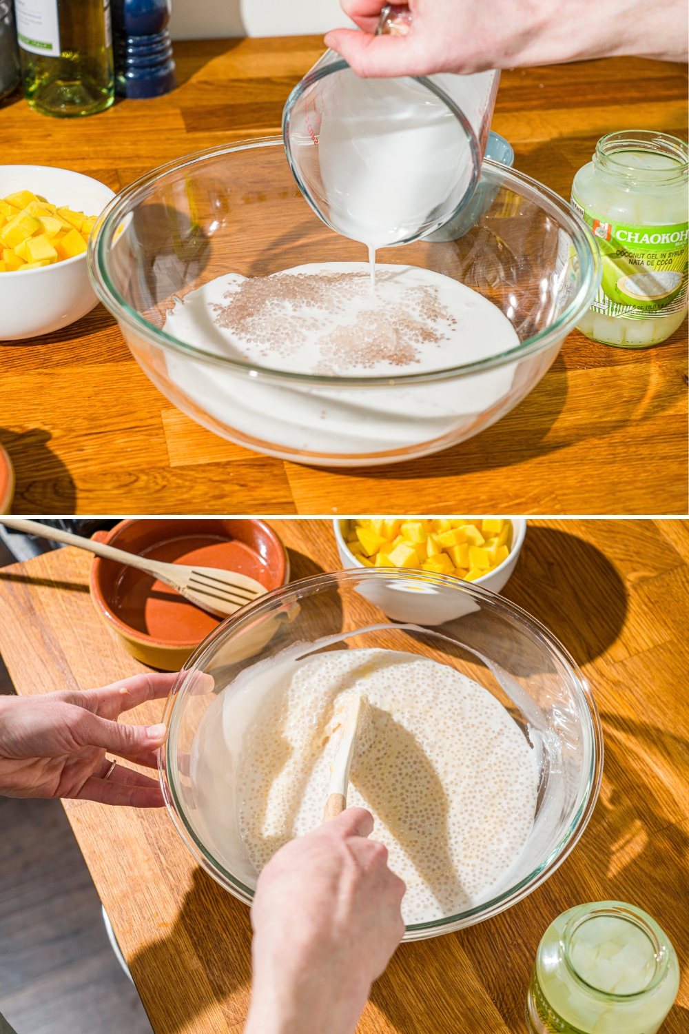 Two photos of a glass bowl on a wooden counter. The first photo shows the bowl with cooked sago and milk being poured into the ball. The second photo shows a wooden spoon stirring the mixture.