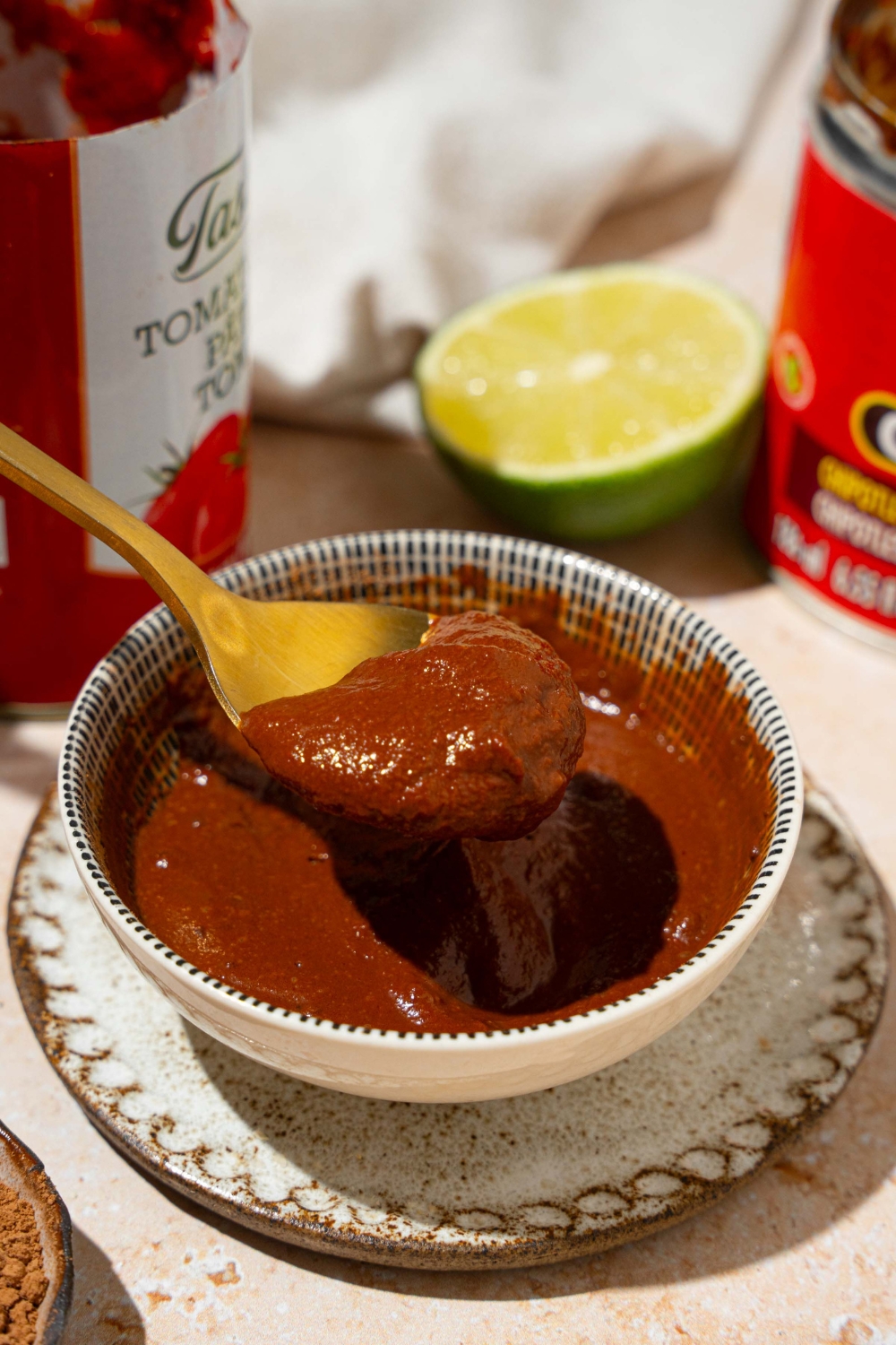 A white bowl of Tex Mex paste on a small plate. A spoon is dipping in the bowl. The plate is on a tan counter with a lime and cans of ingredients.