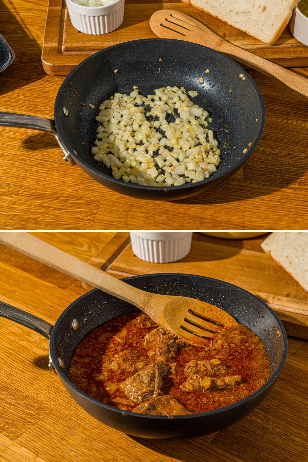 Two photos of a skillet on a wooden counter. The first photo shows the skillet with chopped onion frying in oil. The second photo shows the skillet with birria beef added to the onion.