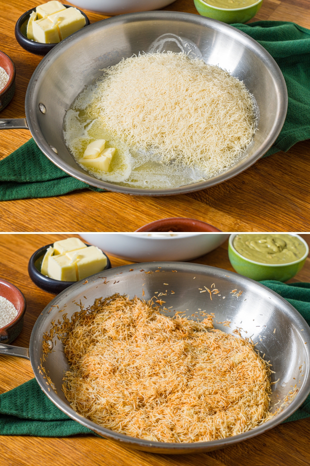 Two photos of a skillet with ketafi. The first photo shows ketafi cooking with melted butter. The second photo shows the skillet with toasted ketafi.