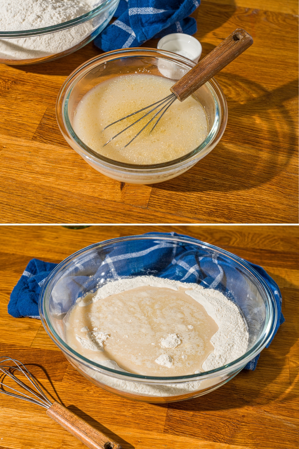 Two photos on a glass bowl on a wooden counter. The first photo shows the bowl with a whisk mixing water, olive oil, and honey. The second photo shows the bowl with flour and yeast added to the mixture.