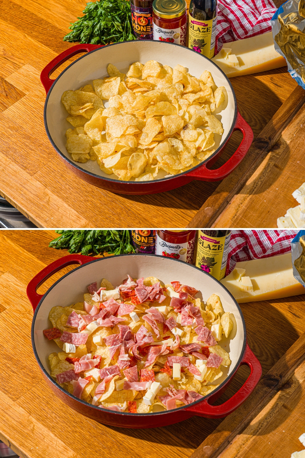 Two photos of a baking dish on a wooden board. The first photo shows a layer of kettle chips in the dish. The second photo shows the chips topped with salami, pepperoni, prosciutto, brie cheese, cheddar cheese, and more.