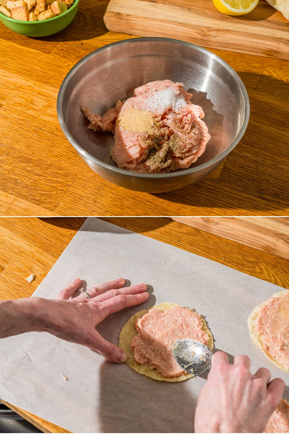 Two photos of a wooden counter with ground chicken. The first photo shows the ground chicken in a bowl with seasonings. The second photo shows the chicken mixture being spread over tortilla wraps.