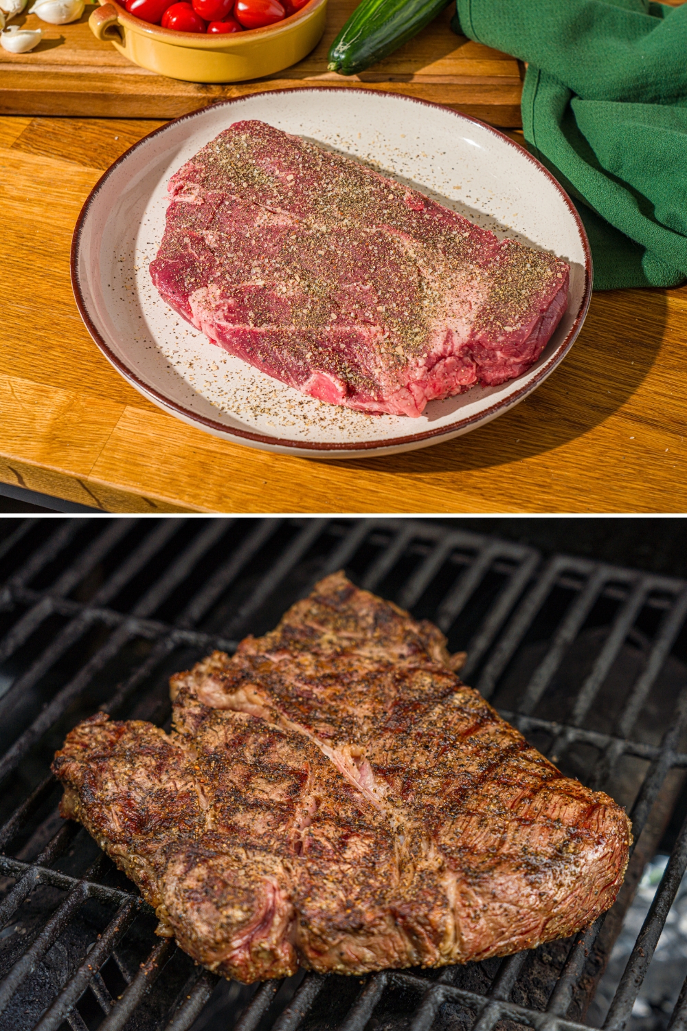 One photo of a white plate with seasoned uncooked steak, and another photo of a steak grilling on a grill.