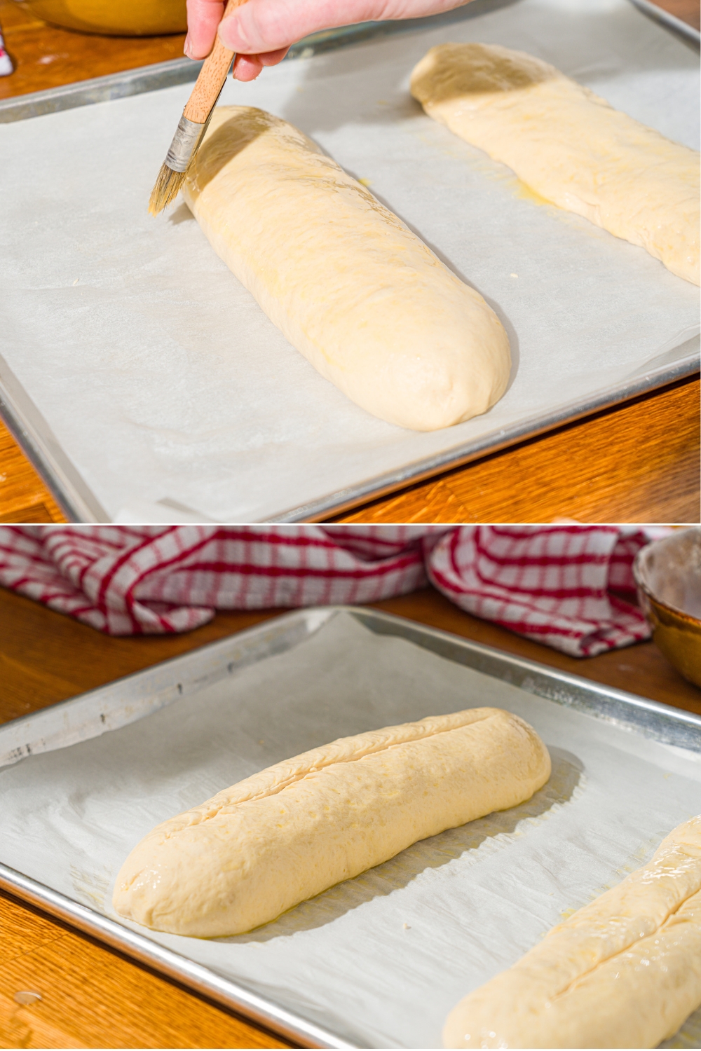 Two photos of a baking sheet lined with parchment paper with shaped hoagie roll dough. One photo shows a brush brushing egg wash over the dough. The second photo shows the dough rolls scored down the middle.