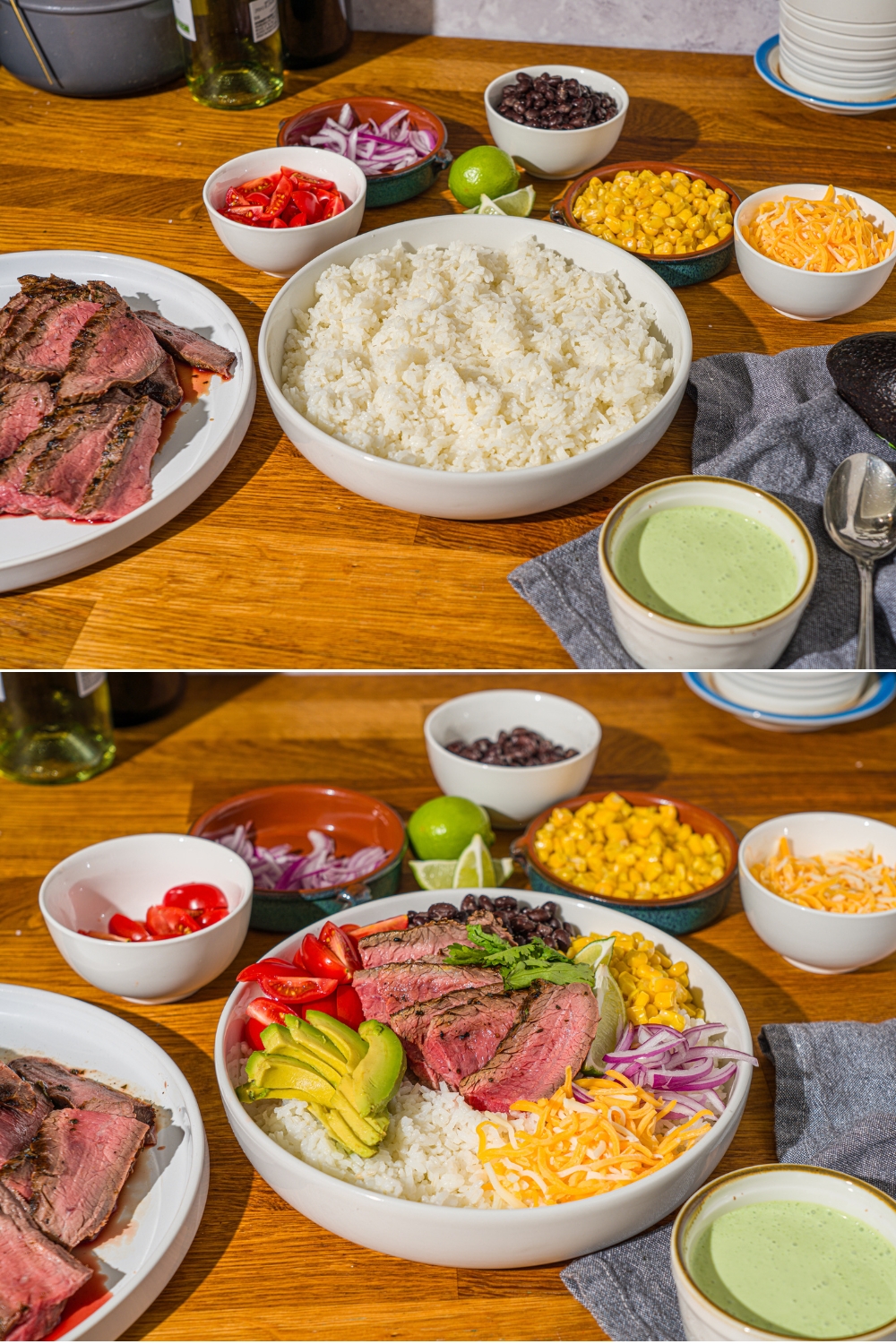 Two photos of a white bowl on a wooden counter with several bowls of toppings. The first photo shows the bowl filled with rice. The second photo shows the bowl with steak, avocado, corn, shredded cheese, tomato, and beans over the rice.