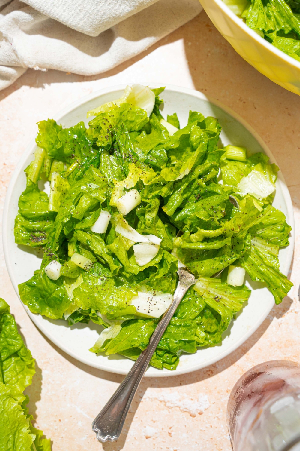 A white plate with wilted lettuce salad tossed in a bacon vinegar dressing. There is a fork in the salad. The plate is on a tan counter with a bowl of salad and white cloth napkin.