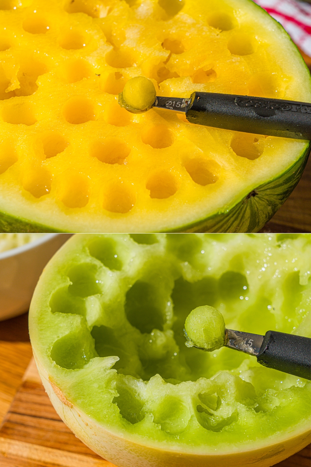 A yellow watermelon with dot balls taken out of it by a melon scooper. Below that is a honeydew with balls taken out of it by a melon scooper.