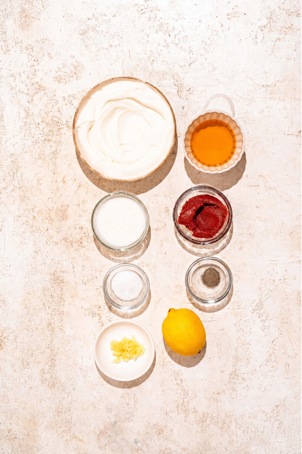 A tan counter with several bowls containing ingredients to make gochujang mayo including kewpie mayo, gochujang, lemon, buttermilk, garlic, and honey.