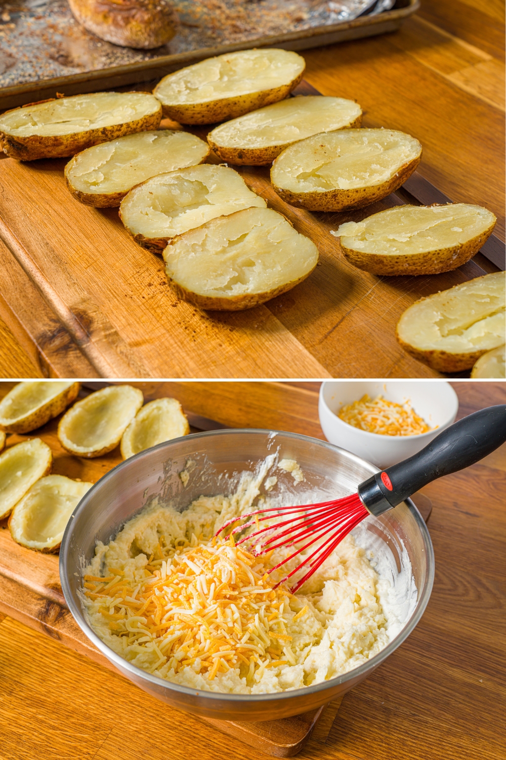 Two photos of a wooden counter with cooked potatoes. The first photo shows the potatoes sliced in half. The second photo shows the potatoes scooped out with a bowl of filling next to them.