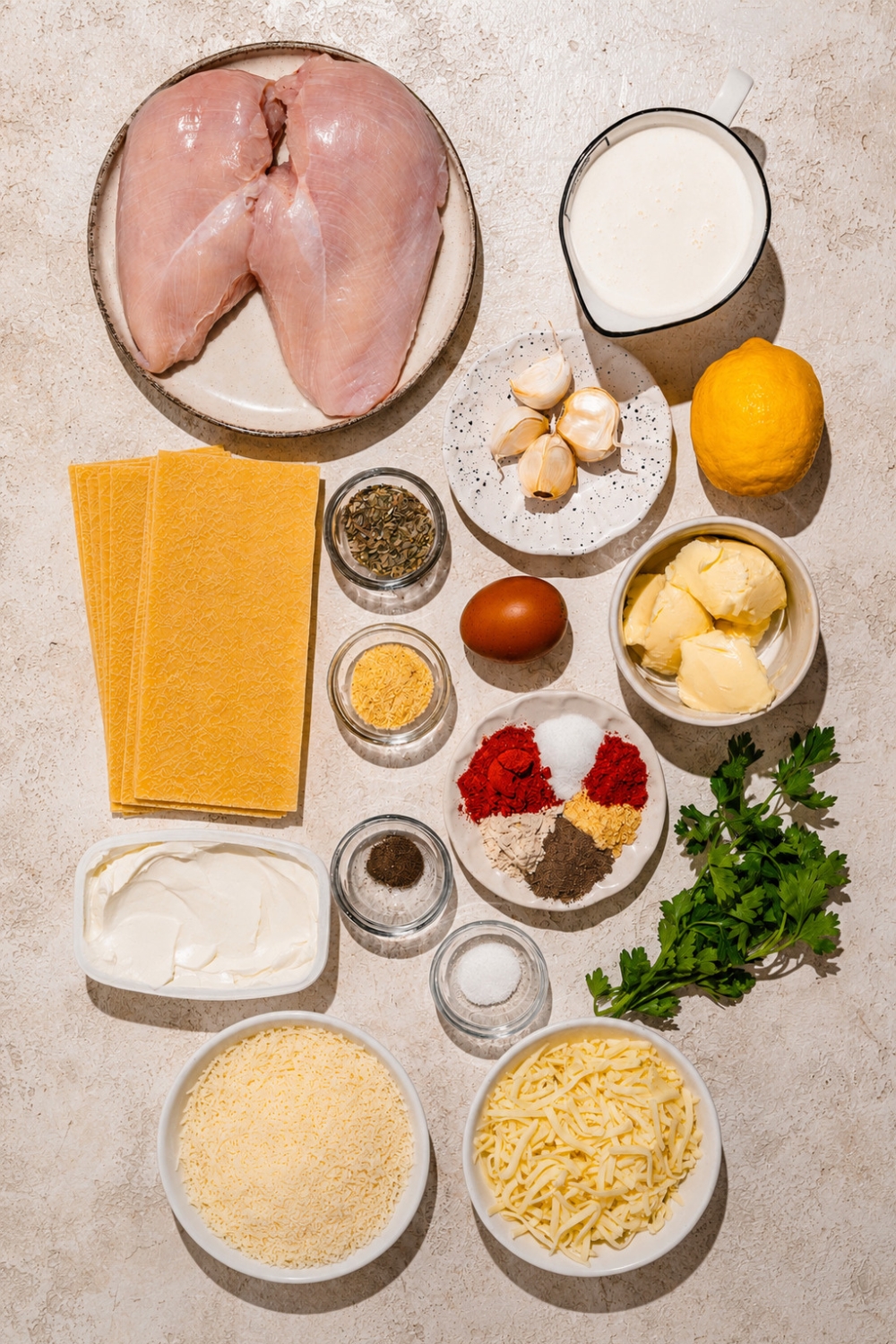A tan counter with several bowls containing ingredients to make chicken alfredo lasagna including chicken, lasagna noodles, parmesan cheese, ricotta, butter, lemon, egg, garlic, heavy cream, and seasonings.