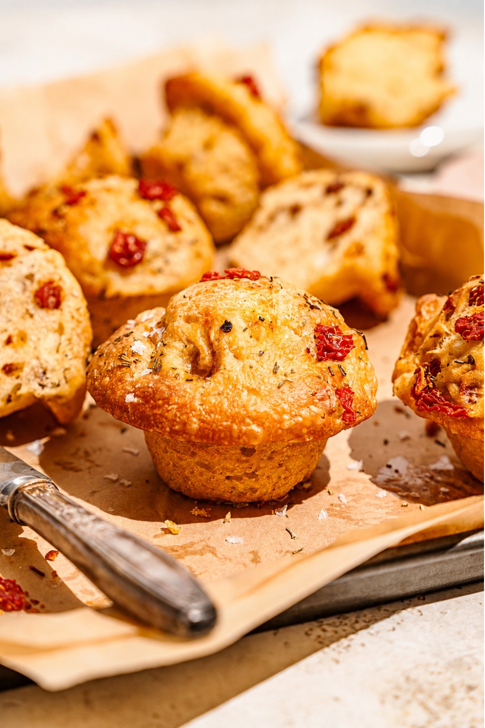 A baking pan lined with parchment paper with rosemary focaccia muffins. There is a knife on the pan,
