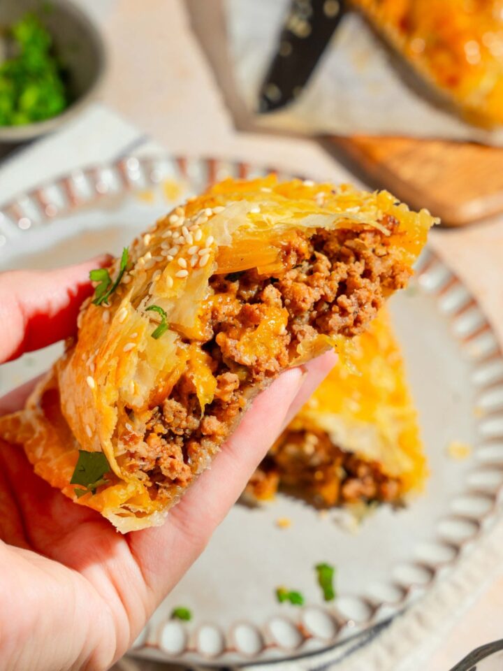 A close up of a hand holding a cheeseburger hot pocket sliced in half. There is a plate with the remaining hot pocket blurred in the background.