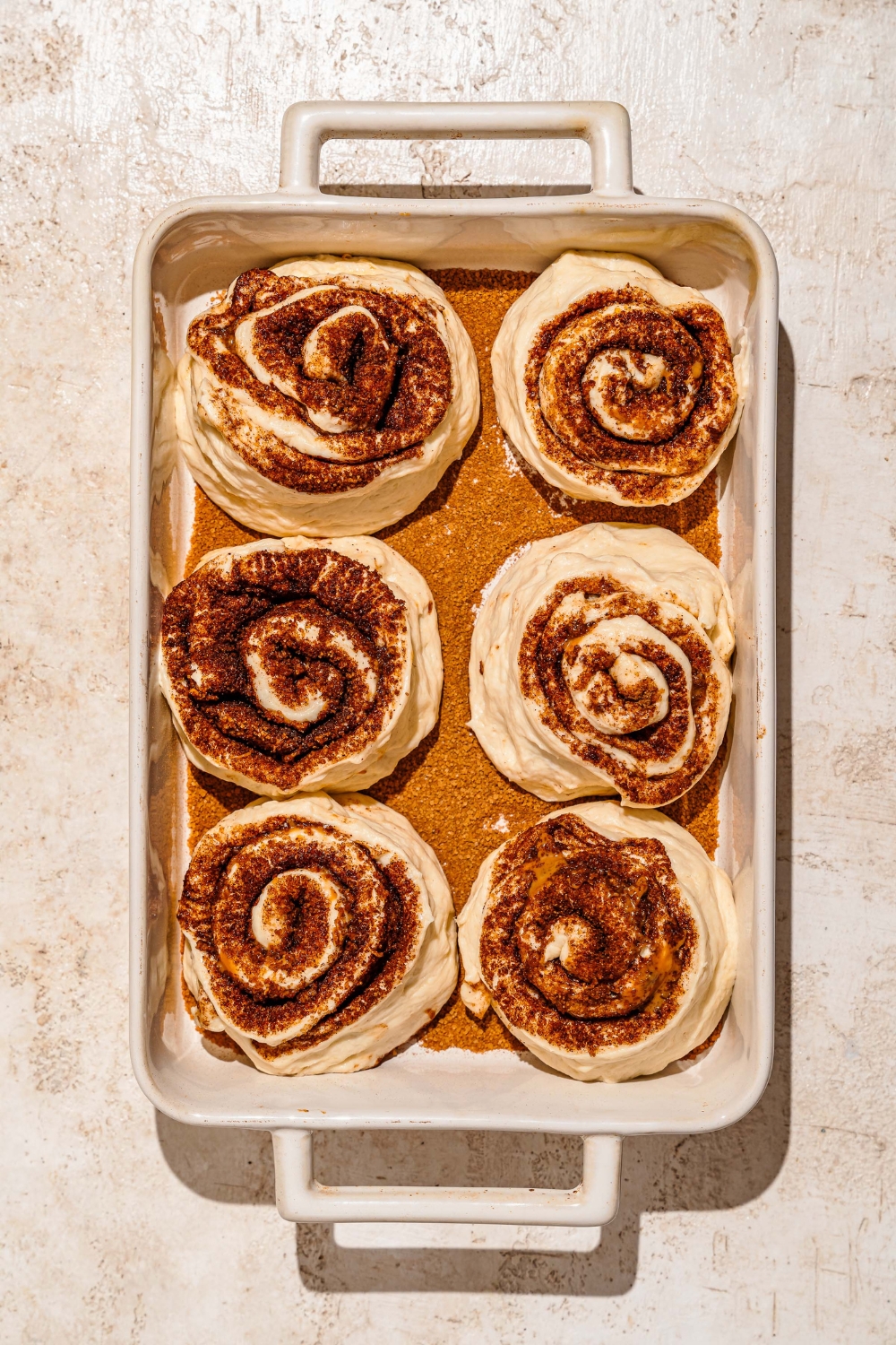 A baking pan coated with a cinnamon mixture with rolled unbaked Biscoff cinnamon rolls on top. The pan is on a tan counter.