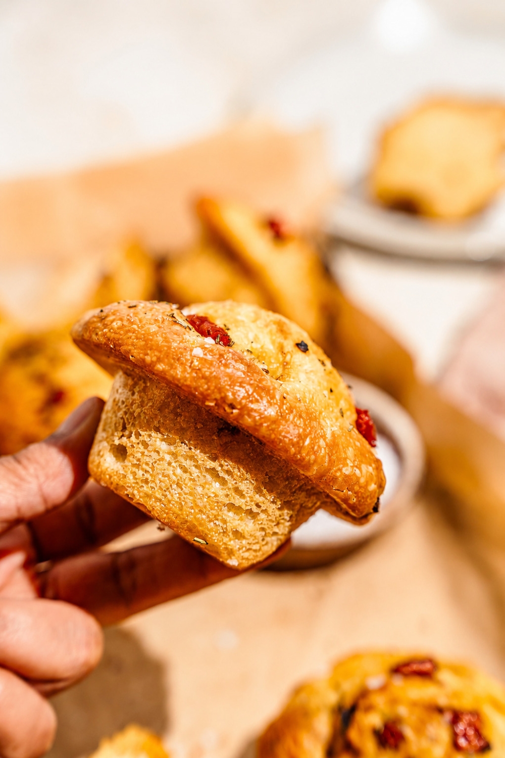 A close up of a hand holding a focaccia muffin. There is a pan of muffins blurred in the background.