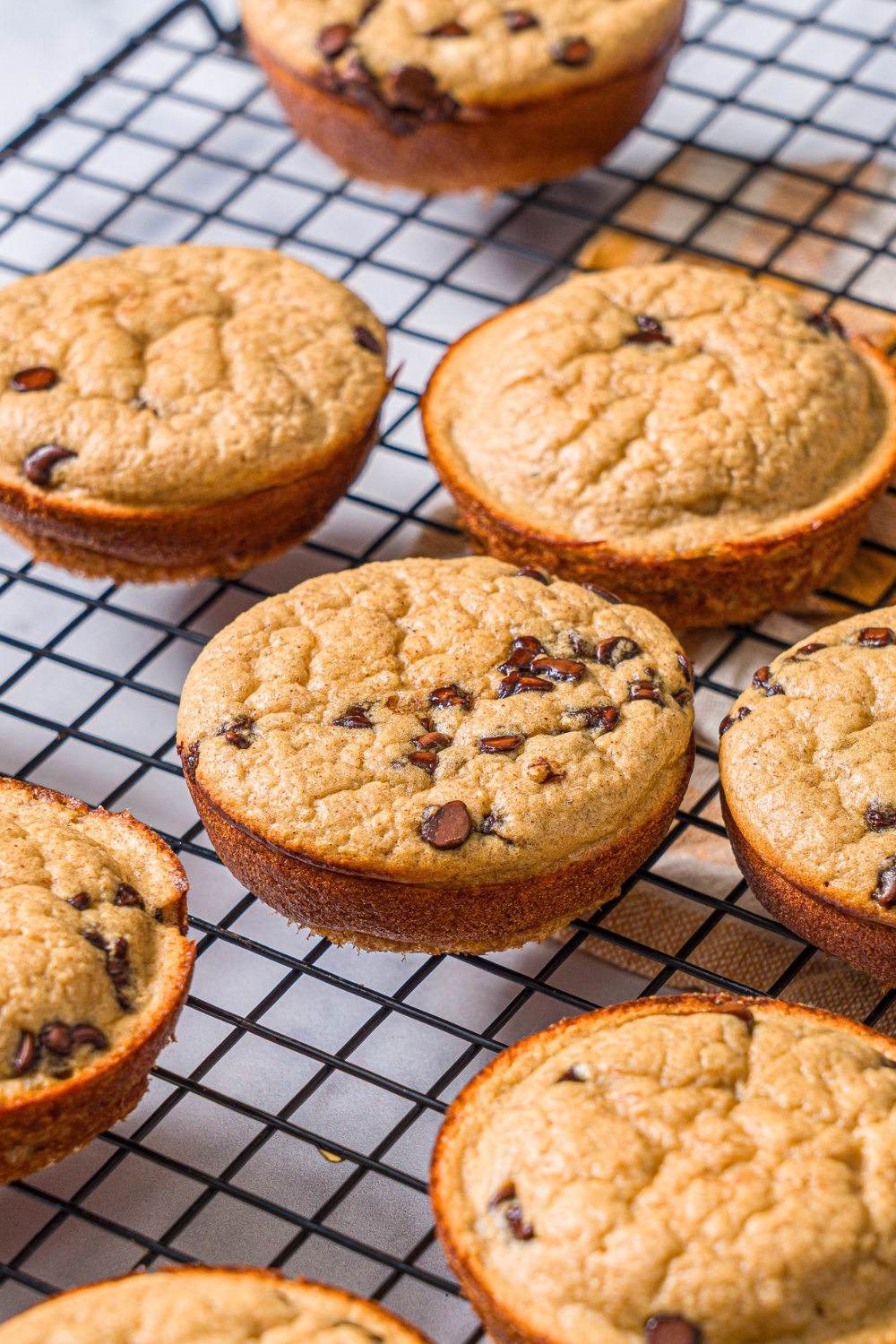 A bunch of chocolate chip banana protein muffins on a wire rack.