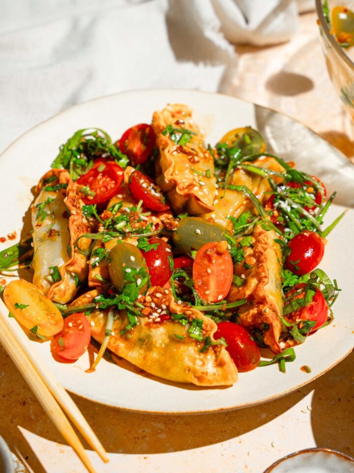 Crispy dumplings mixed with tomatoes, scallions, sesame seeds, and cilantro with a chili crisp soy dressing.