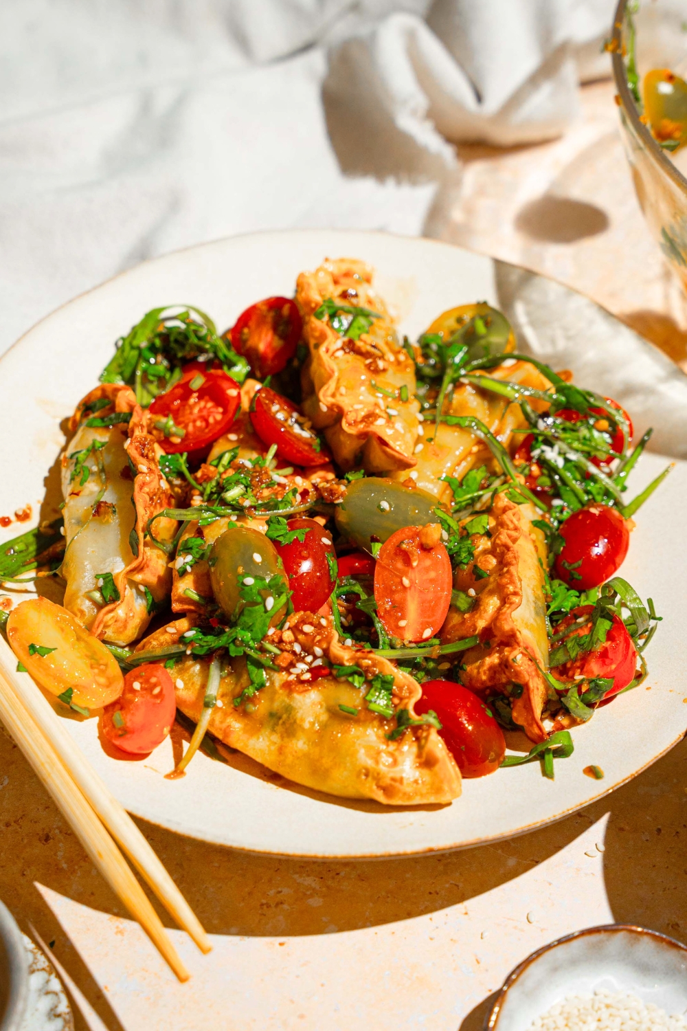 Crispy dumplings mixed with tomatoes, scallions, sesame seeds, and cilantro with a chili crisp soy dressing.