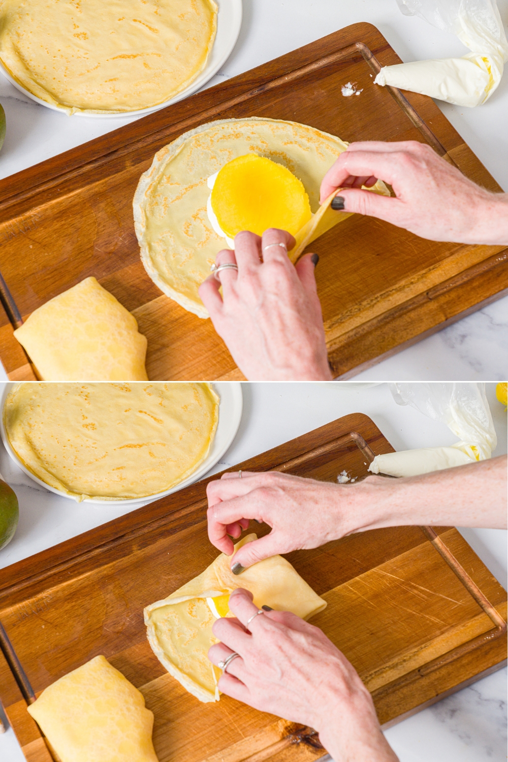 A two-way split picture showing hands folding a crêpe that has a mango on top of cream in it for mango pancakes.