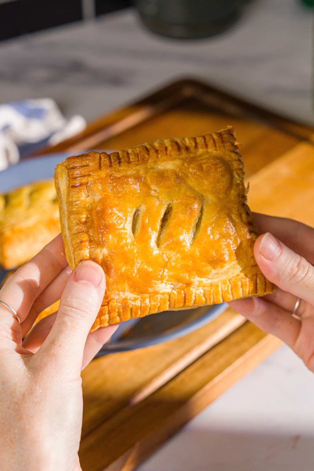 A close up of a hand holding a chicken pot pie hand pie. There is a plate of hand pies blurred in the background.