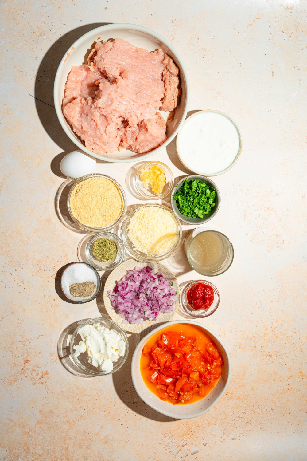A bowl of ground chicken, a bowl, cottage cheese, a bowl of Parmesan cheese, a bowl of ricotta cheese, a bowl of onion, a bowl of chopped tomatoes, a bowl of tomato paste, a bowl of Italian seasoning, and an egg all on a white counter.