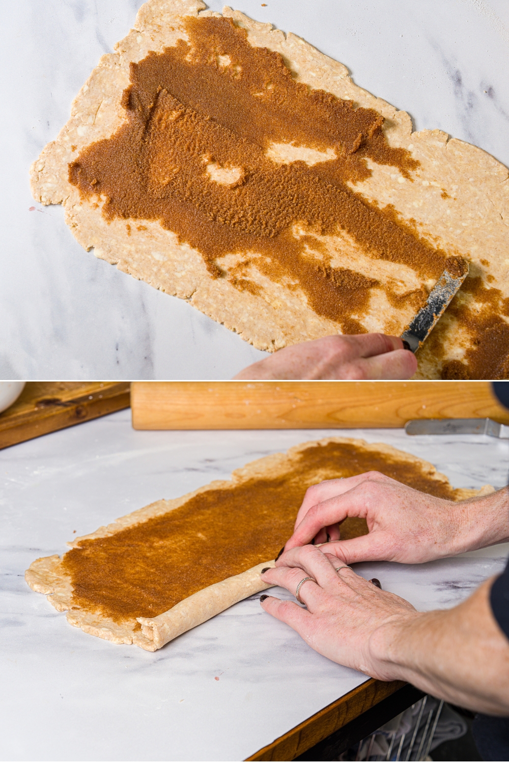 Two photos of a cinnamon roll crust dough. The first photo shows the dough rolled out into a rectangle with a knife spreading a cinnamon sugar mixture over the dough. The second photo shows the dough being rolled into a log.