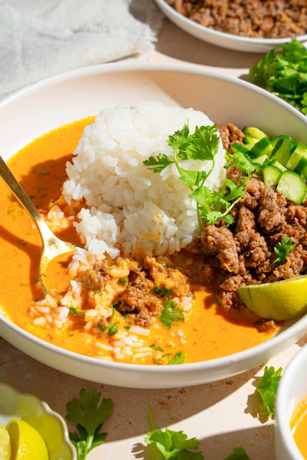 Jasmine rice and ground beef on a spoon in front of the amount of the rice and beef in a coconut curry broth, and white bowl.