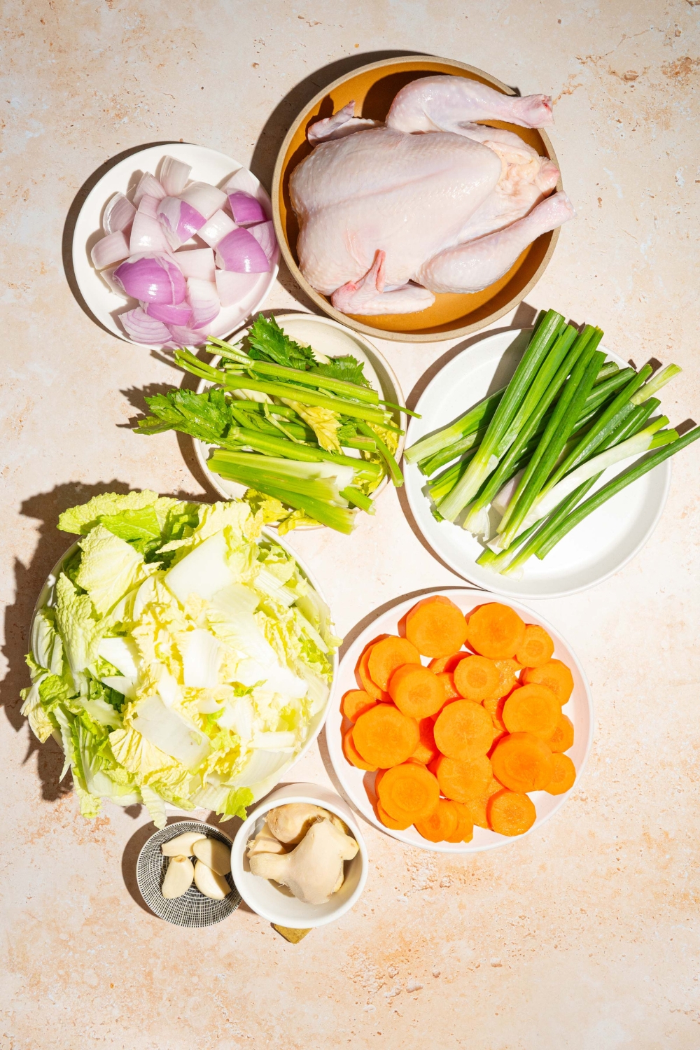 A small bowl of garlic, a bowl of sliced carrots, a plate of napa cabbage, a plate of scallions, a plate of onions, a plate of celery, and a whole chicken on a plate.