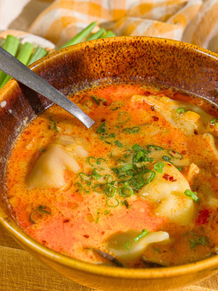 A brown bowl that is filled with potsticker soup.